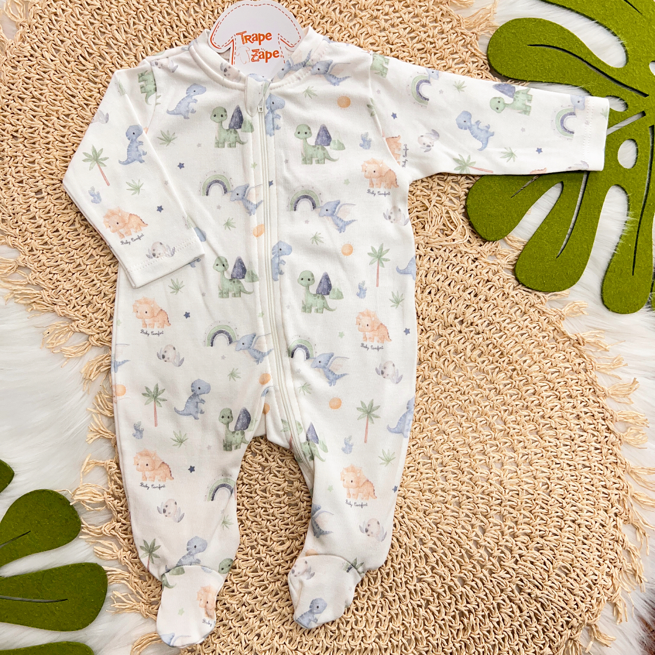 Macacão Dinos Baby com Abertura em Zíper - Off White e Colorido